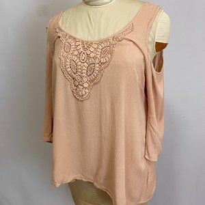 Cold Shoulder Embroidered Long Sleeve Tunic Top in peach / nude